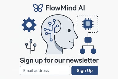 Newsletter signup illustration for FlowMind AI, featuring AI and automation icons.