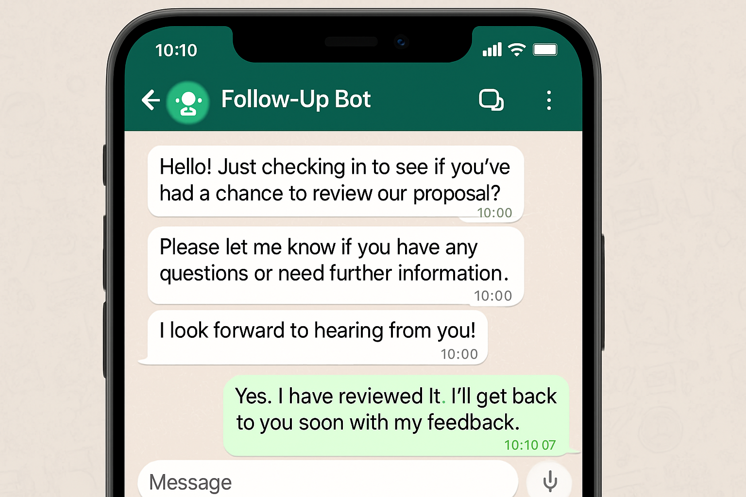 WhatsApp follow-up bot conversation with a client